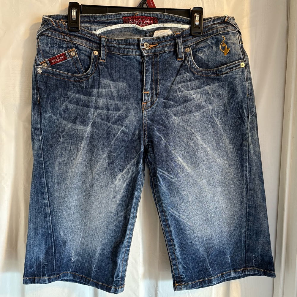 Vintage Baby Phat Capris Womens Sz 13 Blue Embroidered Cat Logo Gold Plate Y2K‎
